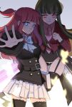  2girls black_legwear blazer blue_eyes book bow brown_hair garter_straps glowing glowing_eyes grimoire hair_bobbles hair_ornament highres jacket juliet_sleeves long_sleeves mammon_(umineko) multiple_girls necktie puffy_sleeves pumpkin_jiang red_eyes redhead skirt stakes_of_purgatory thigh-highs umineko_no_naku_koro_ni ushiromiya_ange white_skirt zettai_ryouiki 