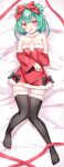  1girl :d absurdres bare_shoulders bed_sheet black_legwear bow dakimakura_(medium) detached_sleeves double_bun dress full_body fur_collar fur_trim green_hair hair_bow hand_on_own_chest highres hololive long_sleeves looking_at_viewer lying no_shoes on_back open_mouth red_dress red_eyes red_ribbon ribbon santa_costume santa_dress short_hair smile solo strapless strapless_dress thigh-highs uruha_rushia virtual_youtuber yuano zettai_ryouiki 