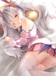  1girl ;o animal_ears ass azur_lane bangs bare_shoulders bed_sheet blush bunny_tail commentary_request eyebrows_visible_through_hair fake_animal_ears fur-trimmed_jacket fur_trim hairband hand_on_own_ass highres jacket laffey_(azur_lane) long_hair lying na!?_(naxtuyasai) off_shoulder on_side one_eye_closed panties parted_lips pink_jacket pleated_skirt rabbit_ears red_eyes red_hairband red_skirt silver_hair skirt solo strap_slip tail thigh-highs twintails underwear very_long_hair white_legwear white_panties 