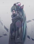  1girl absurdres blue_eyes blue_hair clothing_request commentary_request eyebrows_behind_hair from_side gas_mask grey_background hair_ornament hatsune_miku headphones highres long_hair long_sleeves looking_down mask pocket profile qi_zhong_ji solo standing tagme twintails upper_body very_long_hair vocaloid 