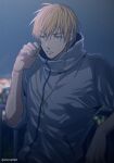  1boy against_railing bangs blonde_hair blurry cable casual commentary_request depth_of_field earphones grey_hoodie hair_between_eyes hand_up holding holding_earphones hood hoodie kise_ryouta kuroko_no_basuke looking_down looking_to_the_side male_focus mashima_shima night outdoors railing short_hair single_earphone_removed solo sweat twitter_username upper_body yellow_eyes 