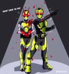  1boy 1girl absurdres armor bodysuit commentary english_text full_body hiden_aruto highres is_(kamen_rider_01) kamen_rider kamen_rider_01_(series) kamen_rider_zero-one kamen_rider_zero-two looking_at_viewer petals pose red_eyes reiei_8 rider_belt standing twitter_username 