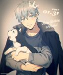  1boy animal bangs black_jacket blue_eyes blue_hair blurry blush cardigan casual commentary_request crown dated depth_of_field dog english_text green_cardigan green_eyes grey_background happy_birthday holding holding_animal holding_dog jacket kuroko_no_basuke kuroko_tetsuya long_sleeves looking_at_viewer male_focus mashima_shima open_clothes open_jacket parted_lips puppy short_hair smile tetsuya_ni_gou tongue tongue_out twitter_username upper_body 