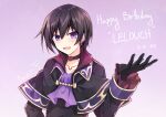  1boy binato_lulu black_capelet black_gloves black_hair capelet character_name choker code_geass dated earrings gloves happy_birthday jewelry lelouch_lamperouge looking_at_viewer male_focus open_mouth purple_background short_hair smile solo violet_eyes 