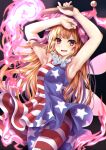  1girl american_flag_dress american_flag_legwear armpits arms_up black_background blonde_hair clownpiece cowboy_shot dress fairy_wings fire hat jester_cap kerotsupii_deisuku long_hair looking_at_viewer neck_ruff open_mouth pantyhose pink_headwear polka_dot red_eyes simple_background sleeveless sleeveless_dress smile solo star_(symbol) striped torch touhou very_long_hair wings 