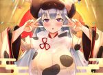  1girl animal_ears animal_print blue_hair breasts commentary_request cow_ears cow_hood cow_print detached_sleeves double_v draph granblue_fantasy hands_up large_breasts long_hair looking_at_viewer ramuda_(guilty931) shatola_(granblue_fantasy) solo upper_body v violet_eyes wide_sleeves 