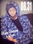  1boy aomine_daiki bangs black_eyes black_hair black_shirt blue_hoodie casual character_name closed_mouth commentary_request dark_skin dark_skinned_male dated english_text grey_background hand_in_pocket happy_birthday hood hood_up hoodie kuroko_no_basuke long_sleeves looking_to_the_side male_focus mashima_shima number shirt short_hair sitting smirk solo twitter_username upper_body 