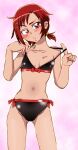  1girl bikini black_bikini blush hino_akane_(smile_precure!) looking_at_viewer navel onnaski open_mouth precure red_eyes redhead short_hair smile_precure! solo swimsuit swimwear 