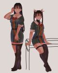  2girls asymmetrical_legwear belt bench black_eyes black_hair black_legwear bow bowtie brown_hair chikuma_(kantai_collection) commentary_request dress grey_background hair_between_eyes hair_ribbon hieda_(hiedanoaqn) highres kantai_collection long_hair military military_uniform multiple_girls puffy_short_sleeves puffy_sleeves ribbon short_dress short_sleeves simple_background single_thighhigh sitting thigh-highs thigh_strap tone_(kantai_collection) twintails uniform white_ribbon 