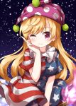  1girl american_flag_dress american_flag_legwear bangs blonde_hair closed_mouth clownpiece cowboy_shot dress eyebrows_visible_through_hair flower hand_on_own_face hat highres holding holding_torch jester_cap long_hair looking_at_viewer neck_ruff night night_sky no_wings one_eye_closed pink_eyes pink_flower polka_dot purple_headwear ruu_(tksymkw) sky smile solo star_(sky) star_(symbol) star_print starry_sky striped striped_dress torch touhou 