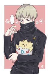  ... 1boy bangs blonde_hair commentary_request crossover eyelashes fingernails gen_2_pokemon hand_up highres holding holding_pokemon inumaki_toge jujutsu_kaisen long_sleeves looking_down male_focus pokemon pokemon_(creature) short_hair signature spoken_ellipsis togepi violet_eyes yupinaccho 