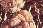  1boy absurdres blonde_hair blood blood_from_mouth blood_on_face blue_eyes dragon_ball dragon_ball_z expressionless highres injury looking_at_viewer male_focus muscle nipples nude pectorals serious solo son_goku spiky_hair sumutemu super_saiyan upper_body veins 