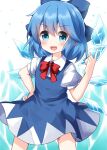  1girl bangs blue_bow blue_dress blue_eyes blue_hair bow bowtie cirno cowboy_shot dress eyebrows_visible_through_hair hair_between_eyes hair_bow hand_on_hip highres ice ice_background ice_crystal ice_wings index_finger_raised looking_at_viewer medium_hair open_mouth pointing puffy_short_sleeves puffy_sleeves red_bow red_neckwear ruu_(tksymkw) shirt short_sleeves smile solo standing touhou v-shaped_eyebrows white_background white_shirt wings 