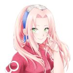  1girl blue_headband closed_mouth floating_hair green_eyes hair_intakes haruno_sakura headband long_hair looking_at_viewer mochiii-s naruto naruto_(series) pink_hair portrait red_shirt shirt short_sleeves simple_background smile solo white_background 