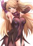  1girl armpits arms_behind_head arms_up bangs bare_shoulders blush bodystocking breasts eyepatch fischl_(genshin_impact) genshin_impact green_eyes hair_over_one_eye highres john_zhang leotard long_hair looking_at_viewer medium_breasts two_side_up 