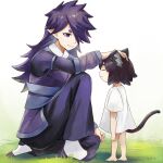  1boy 1girl absurdres animal_ear_fluff animal_ears barefoot black_hair cat_ears cat_tail closed_eyes closed_mouth copyright_request dejio fingernails grass hair_over_one_eye highres huge_filesize long_hair looking_at_another no_pants one_knee petting pointy_ears purple_hair shirt short_hair smile standing t-shirt tail violet_eyes 