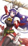 1girl :d abs absurdres alondite altina animal_ears antlers bare_shoulders bell black_legwear blue_eyes boots box breasts candy candy_cane christmas covered_navel deer_ears fake_antlers fire_emblem fire_emblem:_radiant_dawn fire_emblem_heroes food gift gift_box gloves gonzarez highres holding holding_sword holding_weapon huge_weapon large_breasts long_hair muscle open_mouth purple_hair reindeer_antlers sack simple_background skin_tight smile solo sword thigh-highs weapon white_background white_gloves zettai_ryouiki 