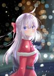  1girl ahoge alternate_costume alternate_hairstyle azur_lane blue_eyes blurry blush bow christmas commentary_request depth_of_field dress eyebrows_visible_through_hair hair_between_eyes hair_bow hair_ribbon light_purple_hair long_hair looking_at_viewer looking_to_the_side m_ko_(maxft2) night night_sky parted_lips red_dress ribbon signature sky snow solo unicorn_(azur_lane) visible_air wind 