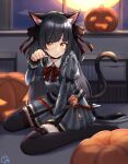  1girl absurdres anhun animal_ear_fluff animal_ears bangs black_bow black_hair black_legwear bow breasts collared_shirt hair_ornament hair_ribbon hairclip halloween highres idolmaster idolmaster_shiny_colors jack-o&#039;-lantern long_sleeves looking_at_viewer mayuzumi_fuyuko paw_pose pumpkin red_neckwear ribbon shirt sitting tail wariza yellow_eyes 