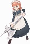  1girl annette_fantine_dominic axe blue_eyes closed_mouth fire_emblem fire_emblem:_three_houses full_body holding holding_axe long_sleeves maid maid_headdress orange_hair simple_background solo soto twintails white_background 