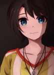 1girl absurdres black_background black_hair blue_eyes bob_cut closed_mouth collarbone commentary highres hololive jersey jewelry light_blush light_smile looking_at_viewer necklace oozora_subaru pendant pugpuggy shirt short_hair smile solo striped striped_shirt upper_body virtual_youtuber white_shirt yellow_shirt 