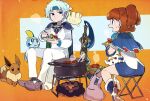  1boy 1girl :d ankle_boots armor blue_footwear blue_hair blue_skirt boots brown_hair campfire cape character_request closed_mouth ditto eating eevee folding_stool gen_1_pokemon gen_6_pokemon gen_8_pokemon headband holding holding_plate honedge kuroi_moyamoya ladle long_sleeves looking_at_another milcery miniskirt open_mouth pants parted_lips plate pointy_footwear pokemon pokemon_(creature) ponytail pot scorbunny shoulder_armor sitting skirt smile sobble spaulders steam sweatdrop white_pants 