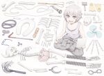  1girl :d bone boomerang cat_o&#039;_nine_tails chalk_outline commentary crowbar cuffs eyewear_removed fan_blade fidget_spinner flashlight flippers flower glasses grey_eyes handcuffs holding horns indian_style kokeshi looking_at_viewer open_mouth original ribs short_hair single_horn sitting skeleton skull smile steering_wheel tank_top toilet_seat whip white_hair yajirushi_(chanoma) 
