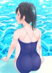  1girl absurdres ass black_hair blue_swimsuit blurry blurry_background closed_mouth day highres kobayashi_nyoromichi long_hair love_live! love_live!_school_idol_project outdoors poolside profile red_eyes school_swimsuit shiny shiny_hair shoulder_blades sitting soaking_feet solo swimsuit twintails yazawa_nico 