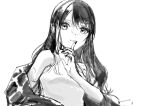  1girl absurdres bare_shoulders closed_mouth finger_to_mouth fingernails greyscale highres idolmaster idolmaster_shiny_colors kazano_hiori long_hair mole mole_under_mouth monochrome off_shoulder simple_background sketch smile solo unchiganiowanai white_background 