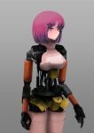  1girl absurdres android breasts expressionless gradient gradient_background hair_ornament hairclip highres kusami_toka_naku_au looking_ahead looking_to_the_side mechanical_arms medium_breasts original pink_hair piston pointing pointing_down science_fiction short_hair solo standing yellow_eyes 