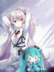  1girl adjusting_hair akino_coto arms_up bangs blush_stickers bow character_doll dress eyebrows_visible_through_hair eyes_visible_through_hair hair_bow hatsune_miku heterochromia highres looking_at_viewer project_sekai red_bow silver_hair solo twintails vocaloid white_bow 