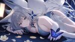  1girl animal_ear_fluff animal_ears azur_lane bangs blue_butterfly blue_dress breasts bug butterfly dress fox_ears fox_tail grey_hair hair_ornament huge_breasts insect long_hair looking_at_viewer lying on_stomach shinano_(azur_lane) tail thighs tokki violet_eyes 