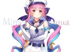  1girl anchor_symbol belt beret black_belt blue_bow blue_hair blue_sailor_collar blush bow braid breasts character_name closed_mouth dress elbow_gloves flower gloves hair_bow hand_up hat hololive long_hair looking_at_viewer medium_breasts minato_aqua multicolored_hair pilokey pink_hair purple_flower sailor_collar sailor_dress simple_background sleeveless sleeveless_dress smile solo twintails two-tone_hair very_long_hair violet_eyes white_background white_dress white_gloves white_headwear 