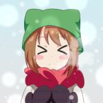  &gt;_&lt; 1girl :3 alternate_costume blush_stickers brown_hair cato_(monocatienus) chen closed_eyes coat commentary_request facing_viewer hat mittens red_scarf scarf short_hair simple_background snowing solo steam touhou upper_body white_coat winter_clothes x3 