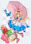  1girl :d alice_(wonderland) alice_in_wonderland animal_ears black_bow blonde_hair blue_butterfly blue_dress book bow bug butterfly clock dress flower frilled_dress frills full_body hair_bow holding holding_umbrella insect kawanobe long_hair looking_at_viewer open_mouth parasol pink_footwear pink_umbrella puffy_short_sleeves puffy_sleeves rabbit_ears ribbon short_sleeves simple_background smile solo striped striped_background striped_legwear umbrella 