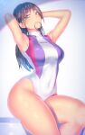  1girl a.x. arms_behind_head black_hair blue_eyes breasts clothes_writing commentary_request competition_swimsuit covered_navel long_hair looking_at_viewer medium_breasts one-piece_swimsuit original sitting solo swimsuit turtleneck white_swimsuit 