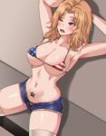  1girl american_flag_bikini armpits arms_behind_head arms_up bikini blonde_hair blue_eyes blue_shorts blurry breasts clyde_s commentary cutoffs denim denim_shorts english_commentary eyebrows_visible_through_hair flag_print girls_und_panzer hair_intakes kay_(girls_und_panzer) large_breasts long_hair micro_bikini micro_shorts navel one_eye_closed open_fly open_mouth shadow shorts sitting skindentation solo stomach_tattoo sweat swimsuit tattoo thigh-highs white_legwear 