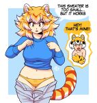  2girls animal_ears blonde_hair blue_sweater breasts brown_eyes highres large_breasts long_sleeves looking_away looking_down medium_hair messy_hair multicolored_hair multiple_girls navel original panties speech_bubble sweater taggo tail tiger_ears two-tone_hair underwear white_hair yellow_panties 