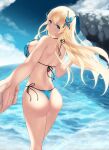  1girl ass back beach bikini blonde_hair blue_bikini blue_eyes blue_sky blush boku_wa_tomodachi_ga_sukunai breasts bug butterfly butterfly_hair_ornament cait_aron closed_mouth clouds day eyebrows_visible_through_hair from_behind hair_ornament holding_hands insect kashiwazaki_sena large_breasts long_hair looking_at_viewer looking_back ocean out_of_frame outdoors pov pov_hands side-tie_bikini sideboob sky smile solo_focus standing string_bikini swimsuit thong thong_bikini water 