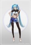  1girl bangs black_legwear blue_eyes blue_hair blue_nails blue_skirt character_name crop_top full_body grey_background hair_between_eyes hand_on_hip hatsune_miku highres kazuko_(towa) long_hair looking_at_viewer midriff miniskirt nail_polish navel open_mouth pants pants_under_skirt pumps see-through short_sleeves skirt solo standing stomach twintails very_long_hair vocaloid white_footwear 