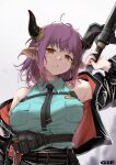  1girl animal_ears arknights artist_name bangs belt black_jacket black_neckwear blue_shirt breast_pocket brown_eyes collared_shirt cow_ears cow_horns disgust eyebrows_visible_through_hair gie_(gienara) holding holding_sword holding_weapon horns jacket long_sleeves necktie open_clothes open_jacket pocket purple_hair shirt short_hair sideroca_(arknights) sleeveless sleeveless_shirt solo sword upper_body utility_belt weapon 