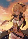  1girl absurdres blonde_hair blue_eyes blush bow capelet cross cross_earrings earrings genshin_impact gloves hair_bow half-closed_eyes hand_in_hair highres holding holding_sword holding_weapon jean_gunnhildr jewelry kinyouny sky smile solo sunset sword weapon 