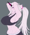  1girl abyssal_ship arms_behind_head blush breasts colored_skin curvy grey_background highres horns huge_breasts jacket kantai_collection long_hair magenta pink_eyes plump ponytail scrunchie seaport_princess single_horn sports_bra thighs upper_body white_hair white_skin 