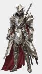  1boy absurdres armor cape clenched_hands fantasy full_armor gauntlets greaves grey_background haowei_wu helm helmet highres knight male_focus original pauldrons red_cape shoulder_armor simple_background solo standing sword vambraces weapon weapon_on_back 
