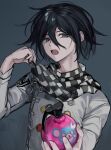  1boy animal_print bangs bear_print black_hair blue_eyes checkered checkered_scarf commentary_request dangan_ronpa_(series) dangan_ronpa_v3:_killing_harmony explosive grenade grey_background hair_between_eyes hands_up highres holding holding_grenade jacket long_sleeves looking_at_viewer male_focus muuyiie open_mouth ouma_kokichi scarf scarf_pull shiny shiny_hair short_hair simple_background solo straitjacket upper_body violet_eyes 