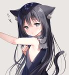  1girl :o animal_ear_fluff animal_ears black_dress black_eyes black_hair blush cat_ears commentary_request dress flat_chest grey_background long_hair looking_at_viewer mignon original simple_background sleeveless sleeveless_dress solo upper_body 