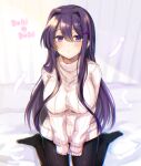  1girl bangs beige_sweater black_legwear breasts casual commentary doki_doki_literature_club eyebrows_visible_through_hair feathers hair_between_eyes hair_ornament hairclip highres large_breasts long_hair long_sleeves looking_at_viewer pantyhose purple_hair ribbed_sweater s_h_riek sitting sleeves_past_wrists solo sweater turtleneck turtleneck_sweater v_arms very_long_hair violet_eyes wariza yuri_(doki_doki_literature_club) 