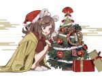  1girl blanket brown_hair christmas_ornaments christmas_tree eyebrows_visible_through_hair flower hat long_hair long_sleeves mouse open_mouth original red_eyes red_flower santa_hat shio_(s_alt_shio) slippers smile solo white_footwear 