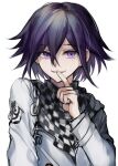  1boy absurdres bangs black_hair checkered checkered_scarf commentary_request dangan_ronpa_(series) dangan_ronpa_v3:_killing_harmony eyebrows_visible_through_hair finger_to_mouth hair_between_eyes hand_up highres index_finger_raised jacket long_sleeves looking_at_viewer male_focus muuyiie ouma_kokichi parted_lips purple_hair scarf short_hair simple_background smile solo straitjacket upper_body violet_eyes white_background white_jacket 