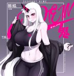  1girl ? ?? absurdres abyssal_ship black_jacket black_pants blush breasts colored_skin curvy english_text grey_background highres horns huge_breasts jacket kantai_collection long_hair magenta measurements measuring pants pink_eyes plump removing_jacket seaport_princess sports_bra thighs twitter_username white_hair white_skin yoga_pants 
